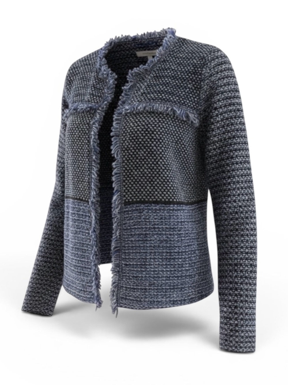 NWOT Chicos Size 1 (M,8/10)  tweed fringed jacket Blue/black